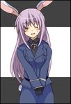  animal_ears aoi_tobira axis_powers_hetalia bad_id bad_pixiv_id blush bunny_ears bunny_tail closed_eyes cosplay cross highres long_hair military military_uniform prussia_(hetalia) prussia_(hetalia)_(cosplay) purple_hair reisen_udongein_inaba solo sweatdrop tail touhou uniform 