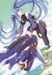  :o assault_rifle blue_eyes blue_hair flying from_behind gun long_hair looking_back mecha_musume open_mouth original rifle signature solo striker_unit twintails weapon yuu_(yuyukaikan) 