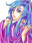  1girl blue_hair chrono_(series) chrono_trigger earrings female green_eyes jewelry long_hair pendant ponytail schala_zeal solo 