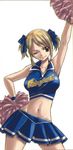  armpits cheerleader crop_top fairy_tail lucy_heartfilia mashima_hiro midriff one_eye_closed pom_poms skirt smile solo 