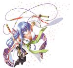  blue_eyes blue_hair dual_wielding fantasy holding japanese_clothes katana long_hair original petals sheath sheathed solo sword weapon yuu_(yuyukaikan) 