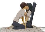  1girl bad_id bad_pixiv_id black_hair brown_hair closed_eyes couple hetero kiss kneehighs kneeling koiso_kenji necktie niwa school_uniform serafuku shinohara_natsuki socks summer_wars 