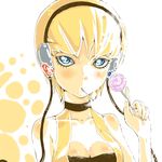  bare_shoulders blonde_hair blue_eyes breasts candy choker cleavage commentary_request eyelashes food headphones kamitsure_(pokemon) lollipop looking_at_viewer mouth_hold pokemon pokemon_(game) pokemon_bw sapphire_satou shiny short_hair simple_background sleeveless small_breasts solo swirl_lollipop upper_body vest white_background yellow_vest 