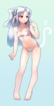  bad_id bad_pixiv_id barefoot bikini blue_background bow cat_tail front-tie_top hair_bow halftone highres long_hair looking_away megurimu melty_blood navel pigeon-toed pointy_ears red_eyes ribbon_bangs side-tie_bikini sidelocks silver_hair solo swimsuit tail toes tsukihime white_bikini white_len 