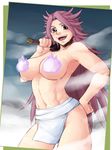 abs blush breasts censored earrings fire fundoshi hand_on_hip japanese_clothes jewelry jun'you_(kantai_collection) kantai_collection large_breasts long_hair navel neko_majin novelty_censor open_mouth purple_eyes purple_fire purple_hair smile solo toned topless wet 