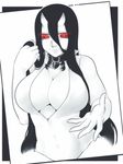  battleship_hime black_hair breasts cleavage collar front_zipper_swimsuit glowing glowing_eyes hand_in_hair kantai_collection large_breasts long_hair meme_attire neko_majin one-piece_swimsuit oni_horns outstretched_hand red_eyes shinkaisei-kan slit_pupils smile solo swimsuit unzipped very_long_hair 