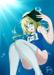  blonde_hair book breasts bubble glasses green_eyes hat highres i-8_(kantai_collection) kantai_collection large_breasts long_hair low_twintails name_tag one-piece_swimsuit open_mouth peaked_cap red-framed_eyewear school_swimsuit solo sunlight swimsuit thighhighs twintails underwater water white_legwear wosero 