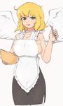  34no404 :p angel_wings apron blonde_hair blue_eyes breasts cleavage cowboy_shot cream cream_on_face food food_on_face green_eyes heterochromia huge_breasts jewelry looking_at_viewer mixing_bowl nearly_naked_apron necklace no_bra pearl_necklace pencil_skirt ryouna_(senran_kagura) senran_kagura senran_kagura_shinovi_versus short_hair skindentation skirt solo suggestive_fluid thighhighs tongue tongue_out whipped_cream white_legwear wings 