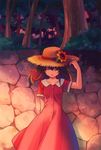  arm_behind_back brown_hair closed_eyes collarbone dress flower hat original parted_lips red_dress shati short_sleeves solo stone_wall straw_hat tree wall 