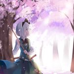  bad_id bad_twitter_id black_hairband blue_eyes bow broom cherry_blossoms hairband katana konpaku_youmu light long_sleeves nr_(cmnrr) petals profile shirt short_hair silver_hair skirt skirt_set solo sword touhou tree vest weapon 