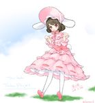  alternate_costume animal_ears artist_name black_hair bonnet bow bunny_ears bunny_tail character_name clenched_hands cloud cloudy_sky copyright_name dated dress embellished_costume inaba_tewi lolita_fashion pantyhose pink_bow pink_dress pink_footwear red_eyes shoes short_hair shou_moeboshi sky smile solo tail touhou twitter_username white_legwear 