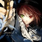  bad_id bad_pixiv_id brown_hair dated fancybetty green_eyes hat heterochromia looking_at_viewer neck_ribbon outstretched_arm red_eyes ribbon rozen_maiden sketch solo souseiseki 