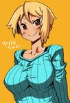  bad_id bad_tumblr_id blonde_hair borrowed_character breasts brown_eyes collarbone impossible_clothes impossible_sweater large_breasts matsuda_yuusuke orange_background original ribbed_sweater short_hair smile solo sweater tsurime tsurime-chan 