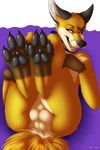  4_toes balls bushy butt canine digital_media_(artwork) foot_focus fox fur grin hair hi_res kintuse legs_up looking_at_viewer mammal muffinangel naughty_face open_mouth orange_fur pawpads paws raised_arm raised_leg smile solo solo_focus toes tongue toony white_fur yellow_eyes 
