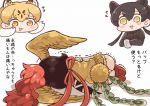  1koma 3girls animal_ears ass bird_tail bird_wings black_gloves black_hair black_leopard_(kemono_friends) black_shirt blonde_hair blush_stickers brown_hair chibi comic crossover extra_ears eyebrows_visible_through_hair feathered_wings flying_sweatdrops furrowed_eyebrows gloves head_wings hi_no_tori hi_no_tori_(kemono_friends) holding kemono_friends leopard_(kemono_friends) leopard_ears long_hair looking_at_another lying multicolored_hair multiple_girls neck_ribbon on_side open_mouth orange_eyes panties personification ponytail red_footwear red_hair red_ribbon ribbon shirt shoe_soles shoes short_sleeves skirt smile sweater_vest tanaka_kusao translation_request trembling twintails two-tone_hair underwear white_hair white_panties wings yellow_eyes yellow_wings 