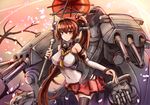  antennae bare_shoulders black_legwear breasts brown_eyes brown_hair cannon cherry_blossoms detached_sleeves flower hair_flower hair_ornament kantai_collection large_breasts long_hair long_sleeves machinery mecha_musume miniskirt petals pleated_skirt ponytail shirt single_thighhigh skirt smile solo sumapan thighhighs very_long_hair yamato_(kantai_collection) 