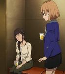  2girls alcohol animated animated_gif beer blush brown_hair drunk lowres miyamori_aoi multiple_girls segawa_misato shirobako skirt 