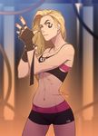  1girl bike_shorts blonde_hair borrowed_character breasts cleavage facial_tattoo midriff mike_nesbitt nail_polish navel original solo sports_bra standing tattoo thigh_gap toned wrist_wraps 