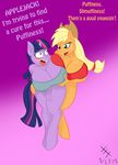  2015 anthro applejack_(mlp) big_breasts breast_grab breasts cleavage clothed clothing earth_pony english_text equine female female/female friendship_is_magic grope horn horse jrvanesbroek mammal my_little_pony pony text twilight_sparkle_(mlp) unicorn 