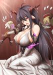  antenna_hair bandages bed black_hair bol_(liliymimi) breasts cleavage danua draph dress drooling fingerless_gloves gloves granblue_fantasy gretel_(granblue_fantasy) hair_between_eyes hansel_(granblue_fantasy) horn_ornament horns jewelry large_breasts long_hair necklace pointy_ears red_eyes solo waking_up 
