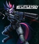  abstract_background angry anthro bodysuit clothing crossover english_text equine eye_patch eyewear female friendship_is_magic fur gun hair headband horn konami laser mammal metal_gear_solid multicolored_hair murskme my_little_pony pistol purple_eyes purple_fur ranged_weapon shaded silencer skinsuit solo text twilight_sparkle_(mlp) unicorn weapon 