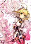  absurdres ahoge blonde_hair breasts dress fate/extra fate/extra_ccc fate_(series) green_eyes highres huge_filesize incredibly_absurdres lock medium_breasts nero_claudius_(bride)_(fate) nero_claudius_(fate)_(all) petals solo wada_aruko 