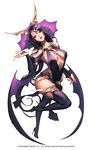  alternate_costume bare_shoulders boots breasts bridal_gauntlets chaos_online company_name copyright_name demon_wings full_body head_tilt high_heels highres large_breasts long_hair looking_at_viewer love_cacao nivas official_art parted_lips purple_eyes purple_hair simple_background skull solo thigh_boots thighhighs very_long_hair white_background wings 