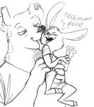  black_and_white boreoboros carrying disney duo ear_piercing hyena lagomorph licking line_art male mammal monochrome piercing rabbit simple_background sunny_(trash_character) tongue tongue_out white_background zeke_(trash_character) zootopia 