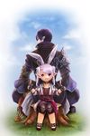  1boy 1girl animal_ears black_hair bunny_ears elezen elf final_fantasy final_fantasy_xiv lalafell looking_back pink_hair pointy_ears poklala sitting size_difference smile tree_stump twintails 