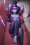  arms_behind_head barefoot black_hair bodysuit breasts brown_eyes bullet center_opening couch feet head_mounted_display high_ponytail highres hips lips long_hair looking_at_viewer lying medium_breasts on_back overwatch parted_lips pink_bodysuit ponytail purple_skin revision shadow shiny shiny_clothes since solo thighs toes visor widowmaker_(overwatch) 