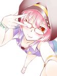  ;p bespectacled blush bow breasts cleavage glasses hat idolmaster idolmaster_cinderella_girls jougasaki_mika looking_at_viewer nyangorumoa one_eye_closed pink_hair reaching_out self_shot short_hair small_breasts smile solo tongue tongue_out v v_over_eye yellow_eyes 