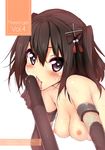  bangs breasts cover cover_page doujin_cover heart heart-shaped_pupils kantai_collection licking medium_breasts nipples nude sendai_(kantai_collection) sexually_suggestive solo suga_hideo symbol-shaped_pupils torpedo 