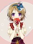  1girl apple birthday bow bracelet food fruit hair_ornament jewelry koizumi_hanayo love_live!_school_idol_project purple_eyes ribbon shiina_kuro short_hair solo 