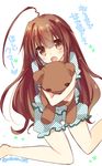  ahoge alternate_costume barefoot brown_eyes brown_hair commentary_request eyebrows eyebrows_visible_through_hair fang highres kantai_collection kuma_(kantai_collection) long_hair mao_(alepricos) open_mouth short_sleeves solo stuffed_animal stuffed_toy teddy_bear translated twitter_username very_long_hair 