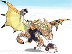  ambiguous_gender capcom cat claws cute dragon duo feline felyne feral gold_scales horn human mammal monster_hunter plain_background scales scalie seregios spiked_tail spikes text video_games wings wyvern 片桐マヤ 