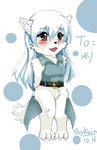  2009 anthro arctic_wolf belt blue_hair blush bottomless breasts canine claws clothed clothing cute female fur green_eyes hair half-dressed long_hair mammal open_mouth plain_background red_eyes skykain solo teeth toe_claws white_background white_fur white_hair wolf 