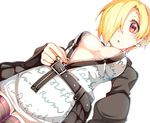  :o bad_id bad_twitter_id belt blonde_hair breasts cleavage dutch_angle earrings hair_over_one_eye idolmaster idolmaster_cinderella_girls jewelry kouda_hayato_(e-gis) medium_breasts open_mouth red_eyes shirasaka_koume short_hair solo striped striped_legwear thighhighs unzipped zettai_ryouiki zipper 