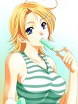  bad_source bare_shoulders blonde_hair blue_eyes breasts dessert food food_in_mouth hair_ornament kaga_akari kimi_no_iru_machi large_breasts looking_at_viewer official_art popsicle seo_kouji short_hair simple_background solo striped striped_tank_top 