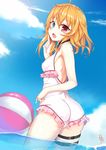  absurdres aqua_eyes ass ball beachball blonde_hair cloud day heterochromia highres looking_at_viewer one-piece_swimsuit open_mouth original red_eyes short_hair sky solo swimsuit tori_(king8162635) wading 