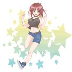  akito_md belt breasts brown_hair camisole denim denim_shorts green_eyes headband jumping kirisawa_fuuko large_breasts looking_at_viewer midriff navel open_mouth rekka_no_honoo shoes short_hair shorts smile sneakers solo star starry_background 