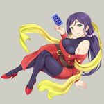  belt breasts card cosplay green_eyes large_breasts long_hair looking_at_viewer love_live! love_live!_school_idol_project pantyhose purple_hair rose_(street_fighter) rose_(street_fighter)_(cosplay) scarf shikuta_maru smile solo street_fighter toujou_nozomi twintails yellow_scarf 