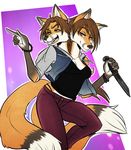  bracelet breasts brown_hair canine cleavage clothed clothing conjoined duo female fox hair jacket jewelry karisha_and_mena knife mammal multi_head multiple_tails orange_eyes pants pointing purple_eyes scarlet-frost shirt sibling smile twins weapon 