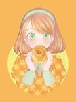  brown_hair doughnut face food green_eyes hairband honey_dip jojon looking_at_viewer mister_donut orange_background personification short_hair simple_background smile solo upper_body 
