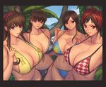  4girls bikini black_hair blue_eyes breasts brown_eyes brown_hair curvy dead_or_alive hitomi_(doa) huge_breasts ibanen kasumi_(doa) kokoro_(doa) large_breasts lei_fang long_hair looking_at_viewer mila_(doa) multiple_girls navel open_mouth purple_eyes red_eyes red_hair short_hair smile swimsuit wide_hips 