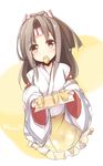  apron brown_hair eating fuuna headband japanese_clothes kantai_collection omelet ponytail red_eyes solo tamagoyaki twitter_username zuihou_(kantai_collection) 