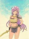 aoi_sekai_no_chuushin_de bow breasts cleavage cloud clouds eyes_closed female fingerless_gloves gloves grin hair_ornament hair_over_one_eye hand_on_hip large_breasts midriff navel necklace opal_(aoi_sekai_no_chuushin_de) purple_hair sky smile solo weapon 