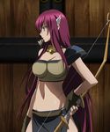  1girl aoi_sekai_no_chuushin_de arrow blue_eyes bow breasts cleavage female fingerless_gloves gloves hair_ornament hair_over_one_eye hand_on_hip large_breasts midriff navel necklace opal_(aoi_sekai_no_chuushin_de) purple_hair screencap solo stiched stitched very_long_hair weapon 