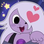  &gt;_o :3 amethyst amethyst_(steven_universe) commentary_request flat_color gem grey_hair hand_up heart long_hair looking_at_viewer off_shoulder one_eye_closed open_mouth paw_pose purple_skin solo star steven_universe toon upper_body very_long_hair 