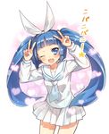  ;d blue_eyes blue_hair double_v long_hair looking_at_viewer mascot nipa-ko one_eye_closed open_mouth ribbon riv shirt smile solo translation_request twintails ultimate_nipper v 