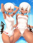  :/ :d alternate_hairstyle armpits arms_behind_head bad_id bad_twitter_id bangs black_rock_shooter blush breasts chain-link_fence cloud covered_navel covered_nipples cowboy_shot crotch dark_skin day demon_tail fence gradient groin hair_between_eyes hair_up hips looking_at_viewer looking_to_the_side m-da_s-tarou multiple_views one-piece_swimsuit open_mouth orange_eyes outdoors ponytail school_swimsuit short_hair short_ponytail sitting sky small_breasts smile strength_(black_rock_shooter) swimsuit tail tattoo thighs water white_hair white_school_swimsuit white_swimsuit 